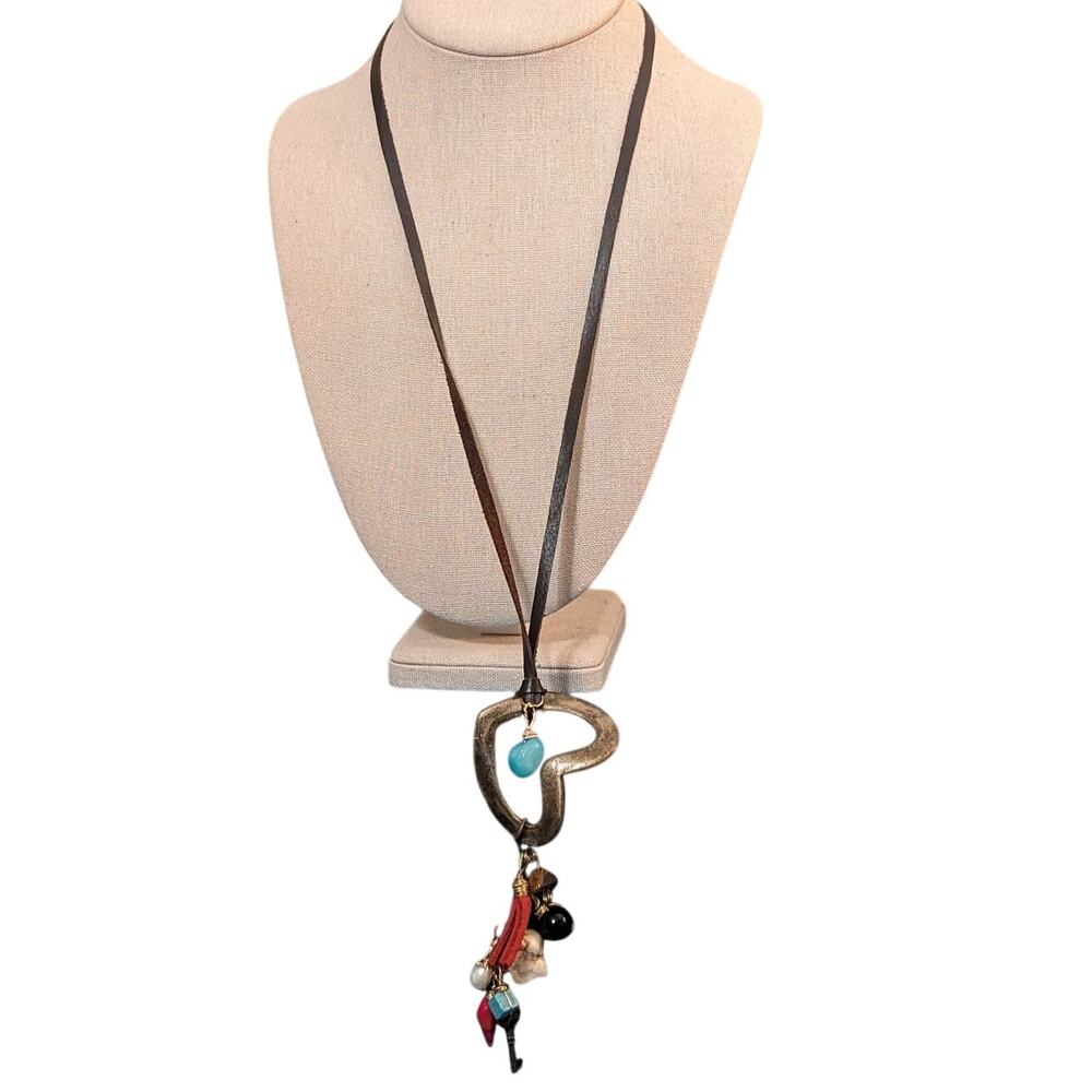 Artisan Cord with Heart, Stone, Tassel, Key and Other Charms Cluster Necklace